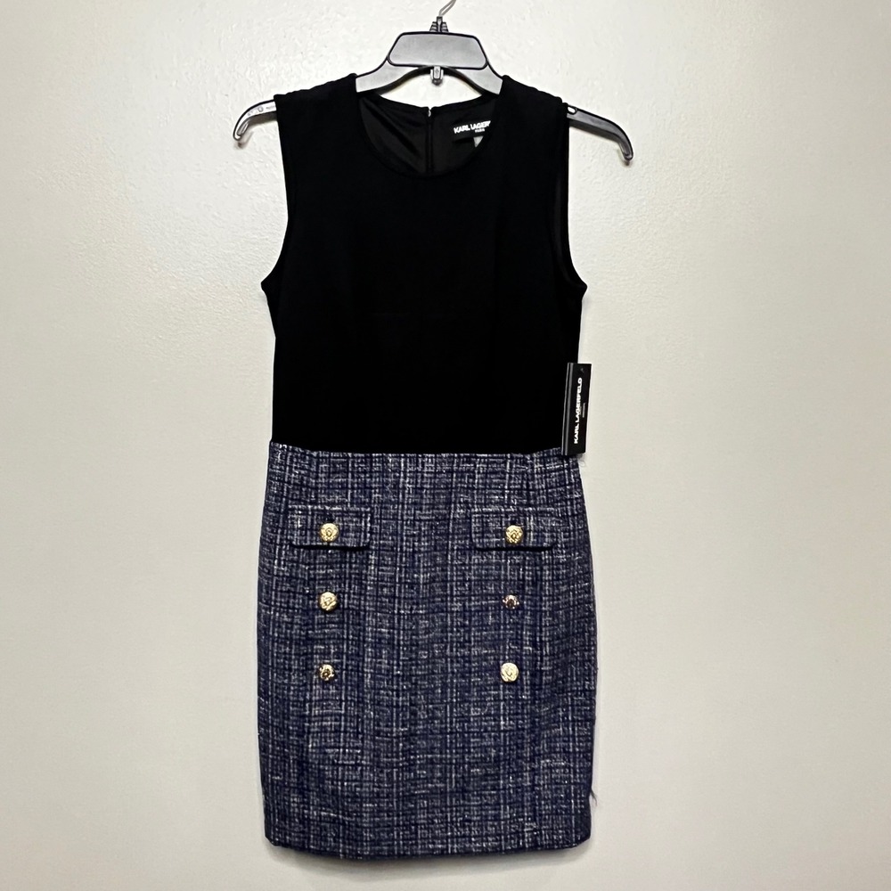 Karl Lagerfeld Paris Women Black Tweed Sheath Dress Navy Gold Button Size 8 NEW